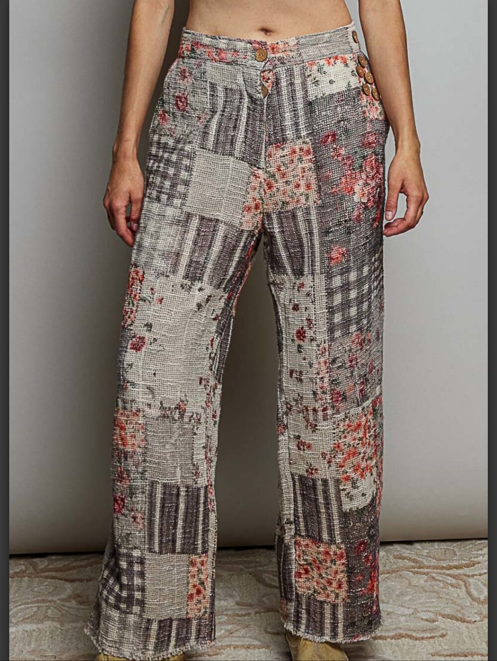 #1910 POL Vintage Rose Patchwork Wide-Leg Pants